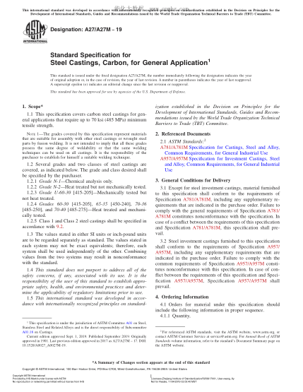 ASTM A27/A27M-2019 通用碳素钢铸件规格 Standard Specification for Steel Castings, Carbon, for General Application