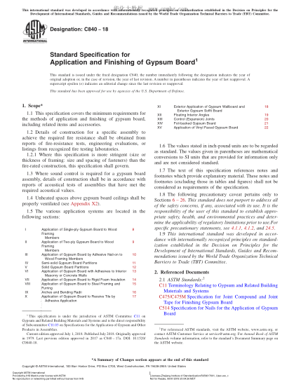 ASTM C840-2018  Standard Specification for Application and Finishing of Gypsum Board