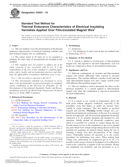 ASTM D3251-2019 薄膜绝缘磁性金属丝上电绝缘清漆热寿命特性试验方法 Standard Test Method for Thermal Endurance Characteristics of Electrical Insulating Varnishes Applied Over Film-Insulated Magnet Wire
