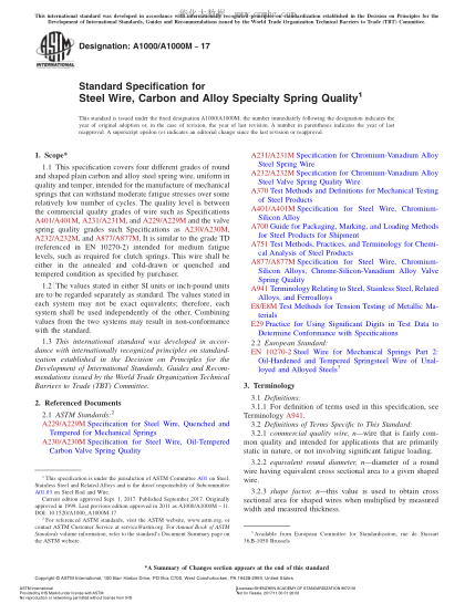 ASTM A1000/A1000M-2017 特种弹簧质量级碳钢丝及合金钢丝规格 Standard Specification for Steel Wire,Carbon and Alloy Specialty Spring Quality