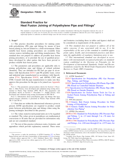 ASTM F2620-2019 聚乙烯管和管件热熔接合规程 Standard Practice for Heat Fusion Joining of Polyethylene Pipe and Fittings