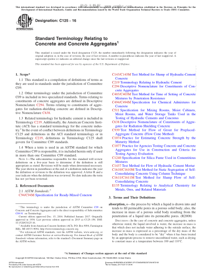 ASTM C125-2016 有关混凝土和混凝土集料的术语 Standard Terminology Relating to Concrete and Concrete Aggregates