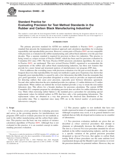 ASTM D4483-2020  Standard Practice for Evaluating Precision for Test Method Standards in the Rubber and Carbon Black Manufacturing Industries
