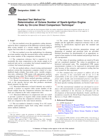 ASTM D2885-2019用在线直接比较技术测定火花点火发动机燃料辛烷值的试验方法Standard Test Method for Determination of Octane Number of Spark-Ignition Engine Fuels by On-Line Direct Comparison Technique