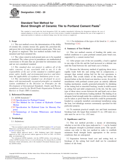 ASTM C482-2020  Standard Test Method for Bond Strength of Ceramic Tile to Portland Cement Paste