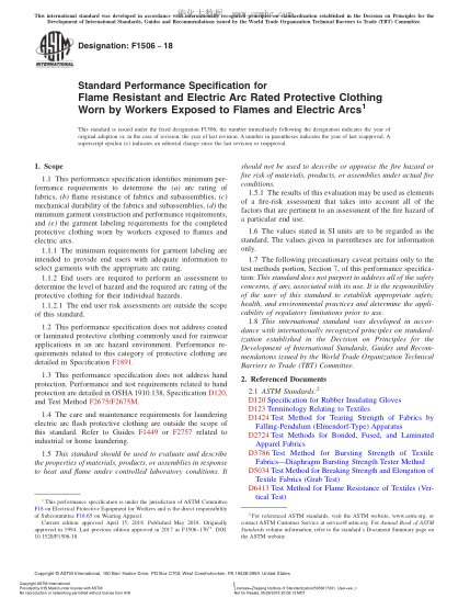 ASTM F1506-2018 暴露在火焰和电弧下工人穿用的耐燃耐电弧防护服性能规格 Standard Performance Specification for Flame Resistant and Electric Arc Rated Protective Clothing Worn by Workers Exposed to Flames and Electric Arcs
