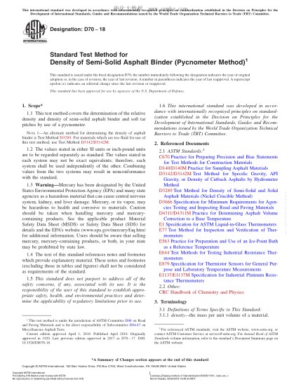 ASTM D70-2018 半固体沥青材料密度试验方法（比重瓶法） Standard Test Method for Density of Semi-Solid Asphalt Binder (Pycnometer Method)