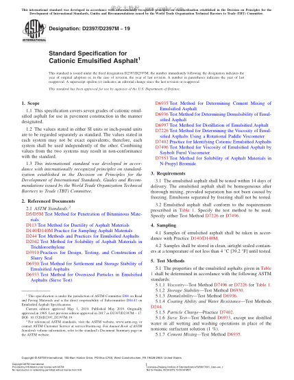 ASTM D2397/D2397M-2019 阳离子乳化沥青规格 Standard Specification for Cationic Emulsified Asphalt