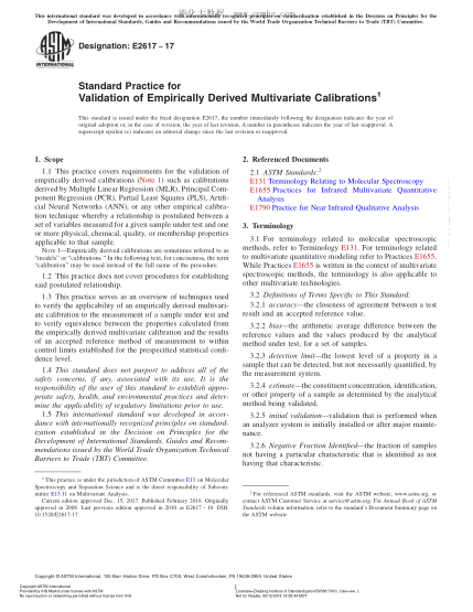 ASTM E2617-2017 根据经验获得的多元校正的确认规程 Standard Practice for Validation of Empirically Derived Multivariate Calibrations