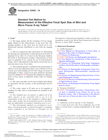 ASTM E2903-2018 测量小型和微型微焦点X 射线管有效焦点尺寸的试验方法 Standard Test Method for Measurement of the Effective Focal Spot Size of Mini and Micro Focus X-ray Tubes