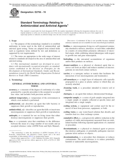 ASTM E2756-2019 有关抗菌剂和抗病毒剂的术语 Standard Terminology Relating to Antimicrobial and Antiviral Agents