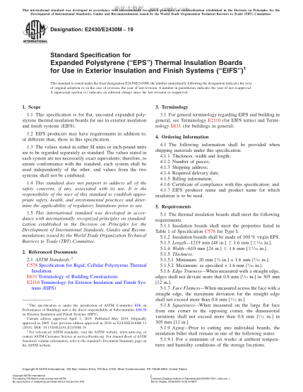 ASTM E2430/E2430M-2019外墙保温隔热系统用膨胀聚苯乙烯保温板的规格Standard Specification for Expanded Polystyrene (“EPS”) Thermal Insulation Boards for Use in Exterior Insulation and Finish Systems (“EIFS”)