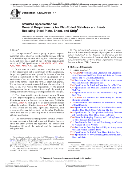 ASTM A480/A480M-2017 平轧及耐热不锈钢中厚板、薄板及带材的一般要求规格 Standard Specification for General Requirements for Flat-Rolled Stainless and Heat-Resisting Steel Plate,Sheet,and Strip