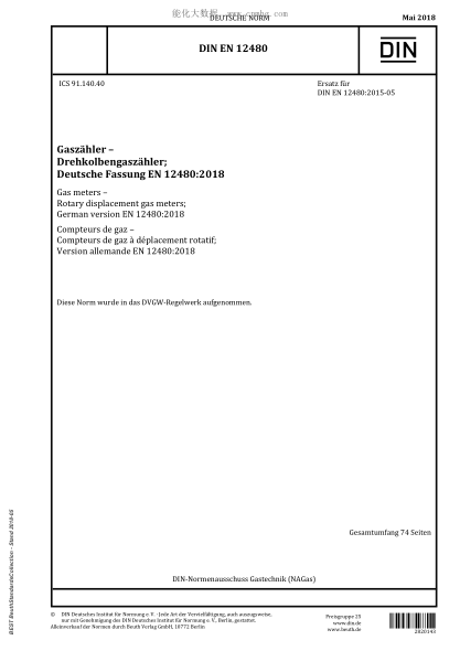 DIN EN 12480-2018  Gas meters - Rotary displacement gas meters; German version EN 12480:2018