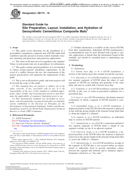 ASTM D8173-2018 土工合成胶结复合垫现场制备、布置、安装及水合指南 Standard Guide for Site Preparation,Layout,Installation,and Hydration of Geosynthetic Cementitious Composite Mats