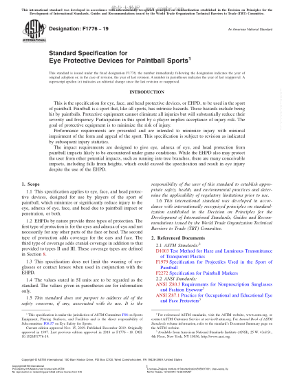 ASTM F1776-2019  Standard Specification for Eye Protective Devices for Paintball Sports