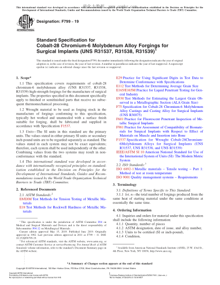 ASTM F799-2019 外科植入物用钴-28铬-6钼合金锻件规格 Standard Specification for Cobalt-28 Chromium-6 Molybdenum Alloy Forgings for Surgical Implants (UNS R31537, R31538, R31539)