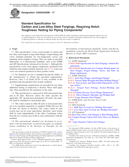 ASTM A350/A350M-2017 管道部件用需要进行切口韧性试验的碳素钢与低合金钢锻件的规格 Standard Specification for Carbon and Low-Alloy Steel Forgings,Requiring Notch Toughness Testing for Piping Components