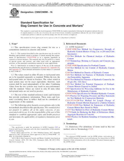 ASTM C989/C989M-2016 混凝土和灰浆用熔渣水泥的规格 Standard Specification for Slag Cement for Use in Concrete and Mortars