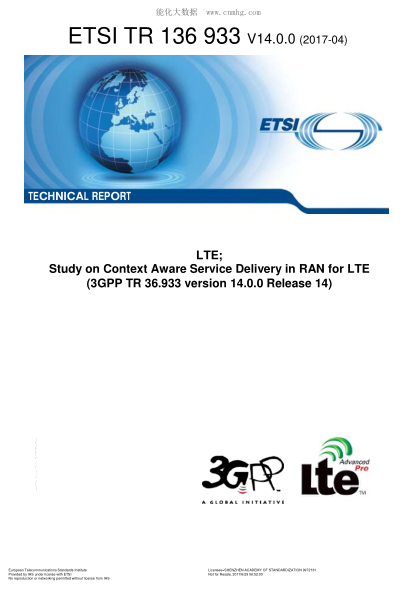 ETSI TR 136 933-2017  LTE; Study on Context Aware Service Delivery in RAN for LTE (V14.0.0; 3GPP TR 36.933 version 14.0.0 Release 14)