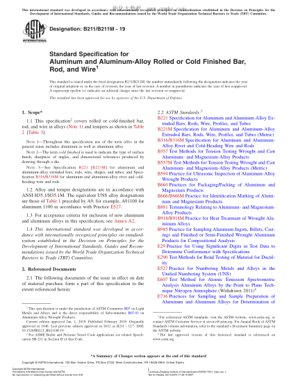 ASTM B211/B211M-2019 拉制无缝铝和铝合金管规格(米制) Standard Specification for Aluminum and Aluminum-Alloy Rolled or Cold Finished Bar, Rod, and Wire