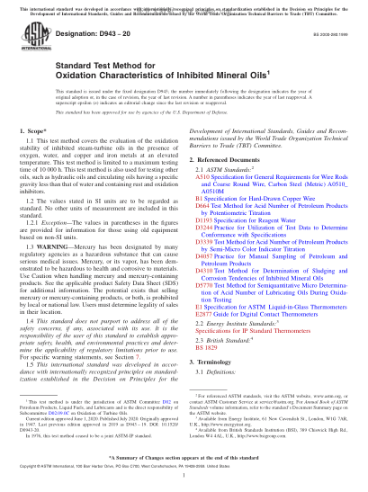 ASTM D943-2020  Standard Test Method for Oxidation Characteristics of Inhibited Mineral Oils