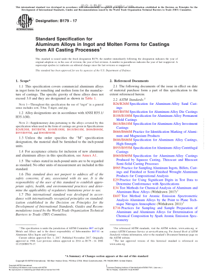 ASTM B179-2017所有铸造工艺铸件用铝合金锭和溶融铝合金的规格Standard Specification for Aluminum Alloys in Ingot and Molten Forms for Castings from All Casting Processes