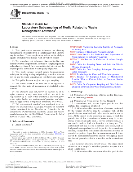 ASTM D6323-2019 有关废弃物管理的媒介的实验室二次抽样指南 Standard Guide for Laboratory Subsampling of Media Related to Waste Management Activities