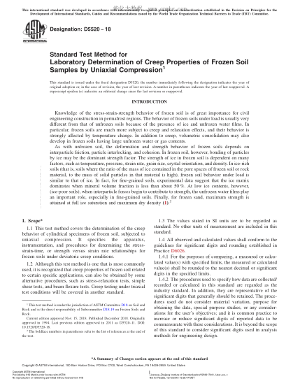 ASTM D5520-2018  Standard Test Method for Laboratory Determination of Creep Properties of Frozen Soil Samples by Uniaxial Compression