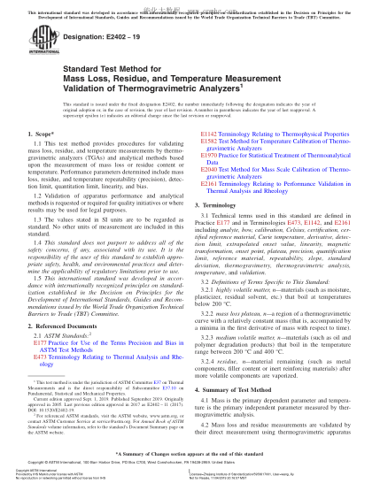 ASTM E2402-2019 热重分析仪质量损失和残余物测量验证方法 Standard Test Method for Mass Loss, Residue, and Temperature Measurement Validation of Thermogravimetric Analyzers