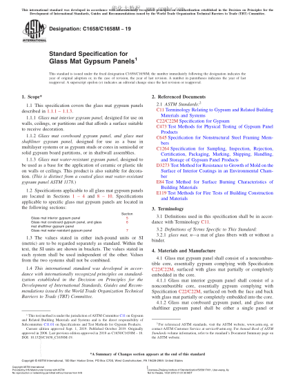 ASTM C1658/C1658M-2019 玻璃纤维毡石膏板规格 Standard Specification for Glass Mat Gypsum Panels