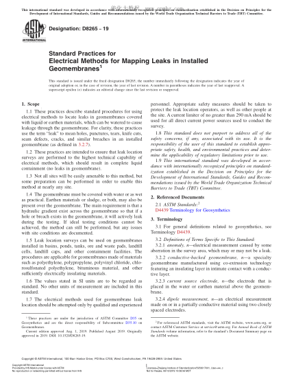 ASTM D8265-2019 已安装土工膜泄漏电气方法规程 Standard Practices for Electrical Methods for Mapping Leaks in Installed Geomembranes