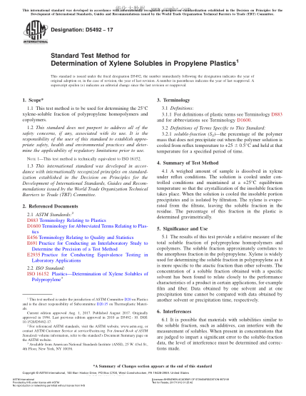 ASTM D5492-2017 测定丙烯塑料中可溶性二甲苯的试验方法 Standard Test Method for Determination of Xylene Solubles in Propylene Plastics