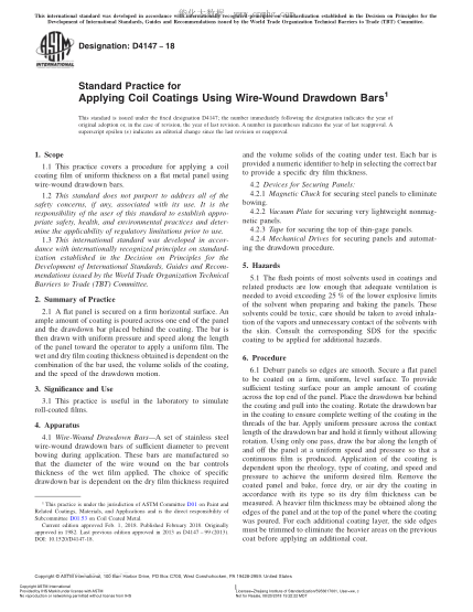 ASTM D4147-2018 用绕线刮涂棒对卷材实施涂覆的规程 Standard Practice for Applying Coil Coatings Using Wire-Wound Drawdown Bars