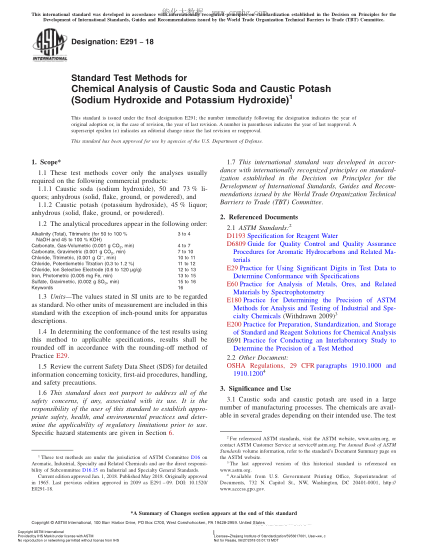 ASTM E291-2018 苛性钠和苛性钾（氢氧化钠和氢氧化钾）化学分析试验方法 Standard Test Methods for Chemical Analysis of Caustic Soda and Caustic Potash (Sodium Hydroxide and Potassium Hydroxide)