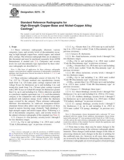 ASTM E272-2019 高强度铜基和镍铜合金铸件参考射线照片 Standard Reference Radiographs for High-Strength Copper-Base and Nickel-Copper Alloy Castings
