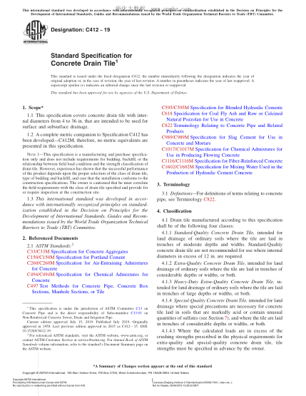 ASTM C412-2019 混凝土排水瓦管规格 Standard Specification for Concrete Drain Tile