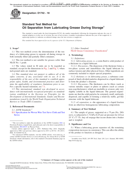 ASTM D1742-2018 润滑脂储藏析出油试验方法 Standard Test Method for Oil Separation from Lubricating Grease During Storage