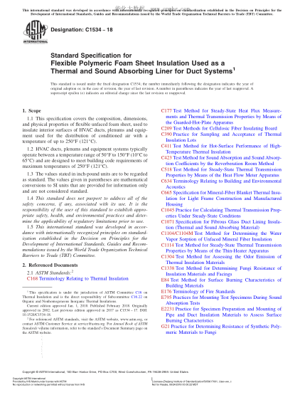 ASTM C1534-2018 用作导管系统吸热吸声垫的软质聚合物泡沫塑料片绝缘材料的规格 Standard Specification for Flexible Polymeric Foam Sheet Insulation Used as a Thermal and Sound Absorbing Liner for Duct Systems