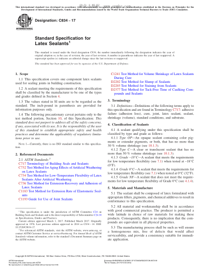ASTM C834-2017 乳胶密封剂规格 Standard Specification for Latex Sealants