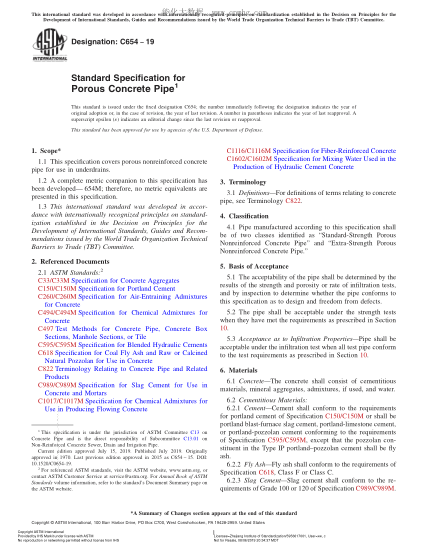 ASTM C654-2019 多孔混凝土管规格 Standard Specification for Porous Concrete Pipe