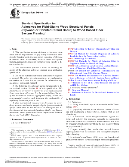 ASTM D3498-2018 地板系统用将胶合板现场粘合到木框上的胶粘剂的规格 Standard Specification for Adhesives for Field-Gluing Wood Structural Panels (Plywood or Oriented Strand Board) to Wood Based Floor System Framing