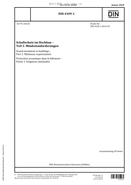 DIN 4109-1-2018  Sound insulation in buildings - Part 1: Minimum requirements