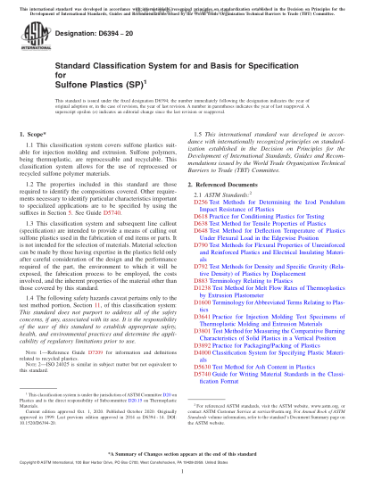 ASTM D6394-2020  Standard Classification System for and Basis for Specification for Sulfone Plastics (SP)