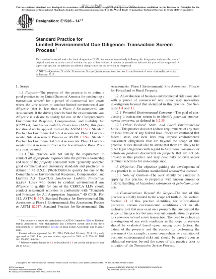 ASTM E1528-2014e1 有限的环境尽职调查规程：事务鉴别过程 Standard Practice for  Limited Environmental Due Diligence: Transaction Screen Process