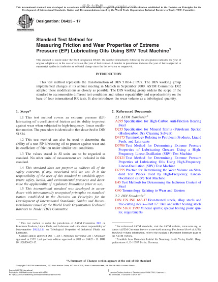 ASTM D6425-2017 用SRV试验机测量极压（EP）润滑油磨擦及磨损特性的试验方法 Standard Test Method for Measuring Friction and Wear Properties of Extreme Pressure (EP) Lubricating Oils Using SRV Test Machine