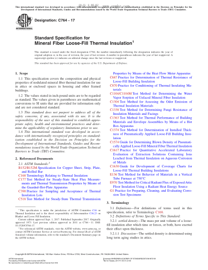 ASTM C764-2017 矿物纤维松散充填隔热材料规格 Standard Specification for Mineral Fiber Loose-Fill Thermal Insulation