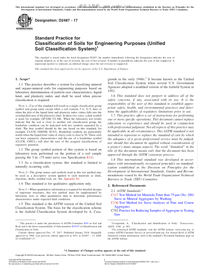 ASTM D2487-2017 工程用土壤的分类规程(统一土壤分类体系) Standard Practice for Classification of Soils for Engineering Purposes (Unified Soil Classification System)