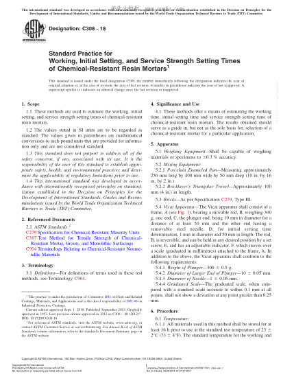 ASTM C308-2018  Standard Practice for Working, Initial Setting, and Service Strength Setting Times of Chemical-Resistant Resin Mortars