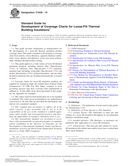ASTM C1630-2019 建筑物松散隔热材料类型表制定指南 Standard Guide for Development of Coverage Charts for Loose-Fill Thermal Building Insulations